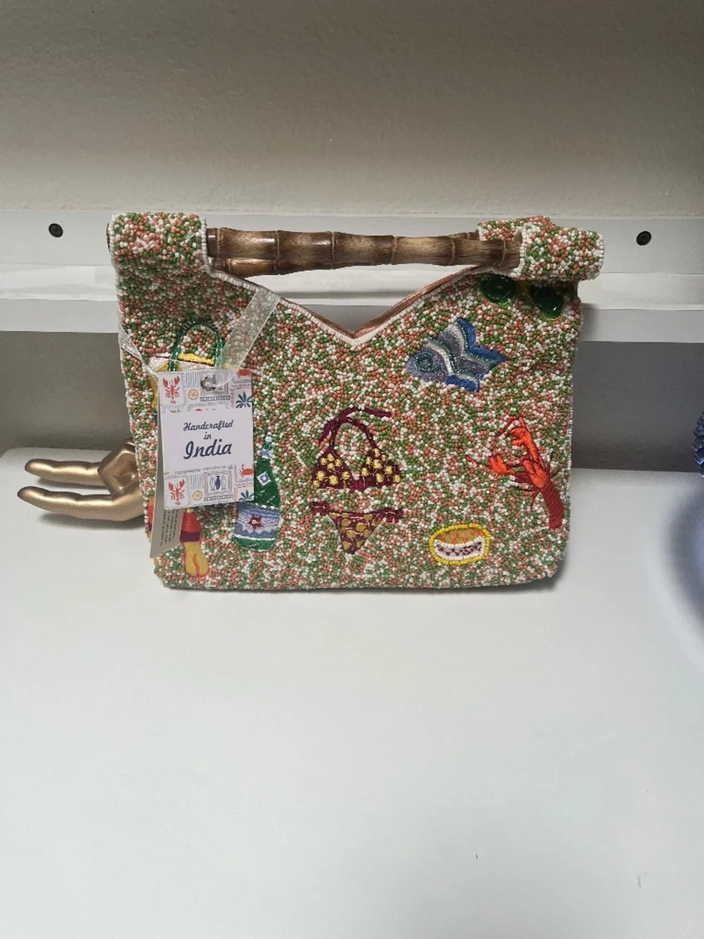 🏖️👙 Handcrafted in India Tropical Beach Beaded Bamboo Handle Bag – NWT